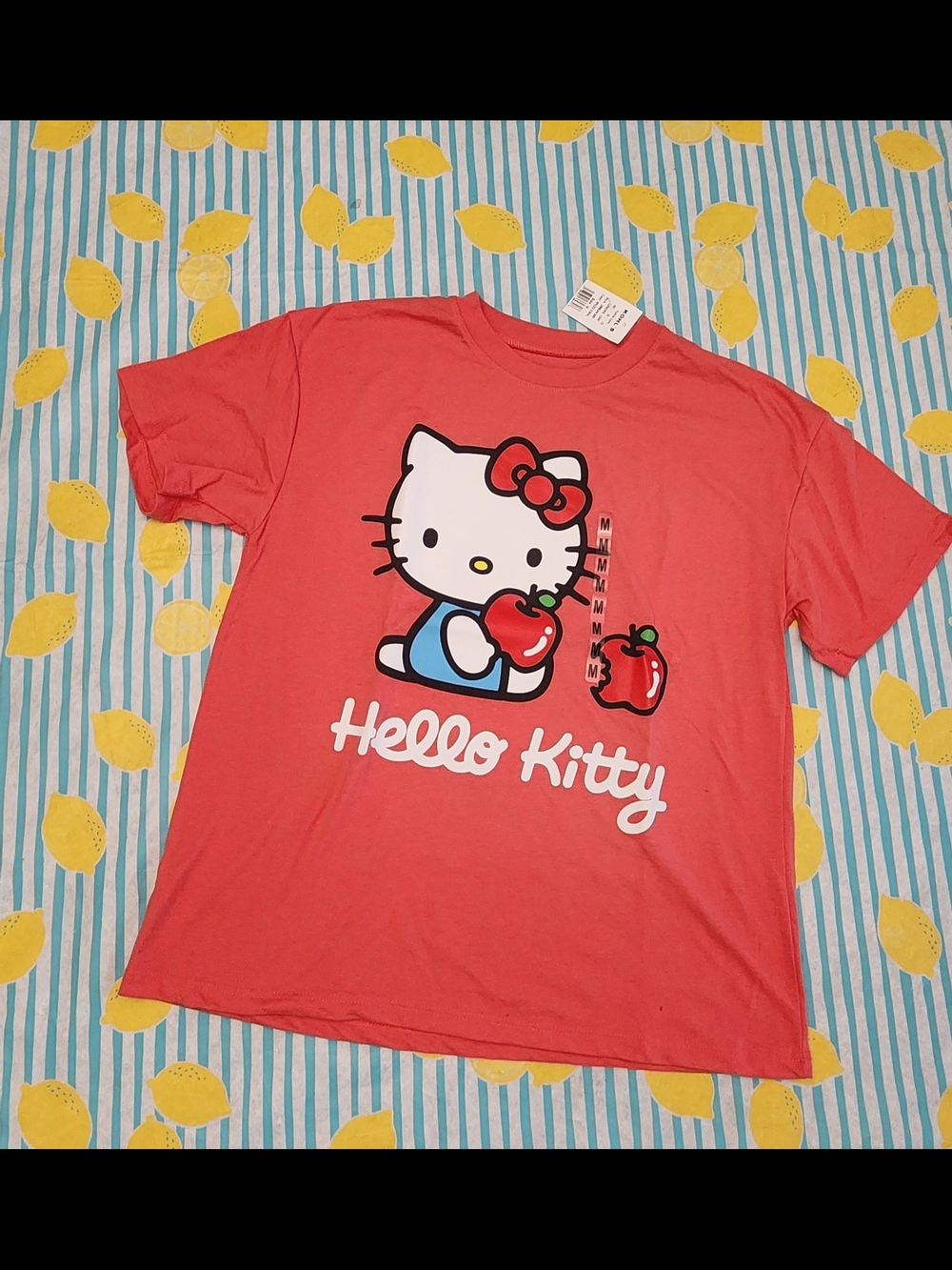 Hello Kitty Coral Pink Graphic Tee with Apple Motif